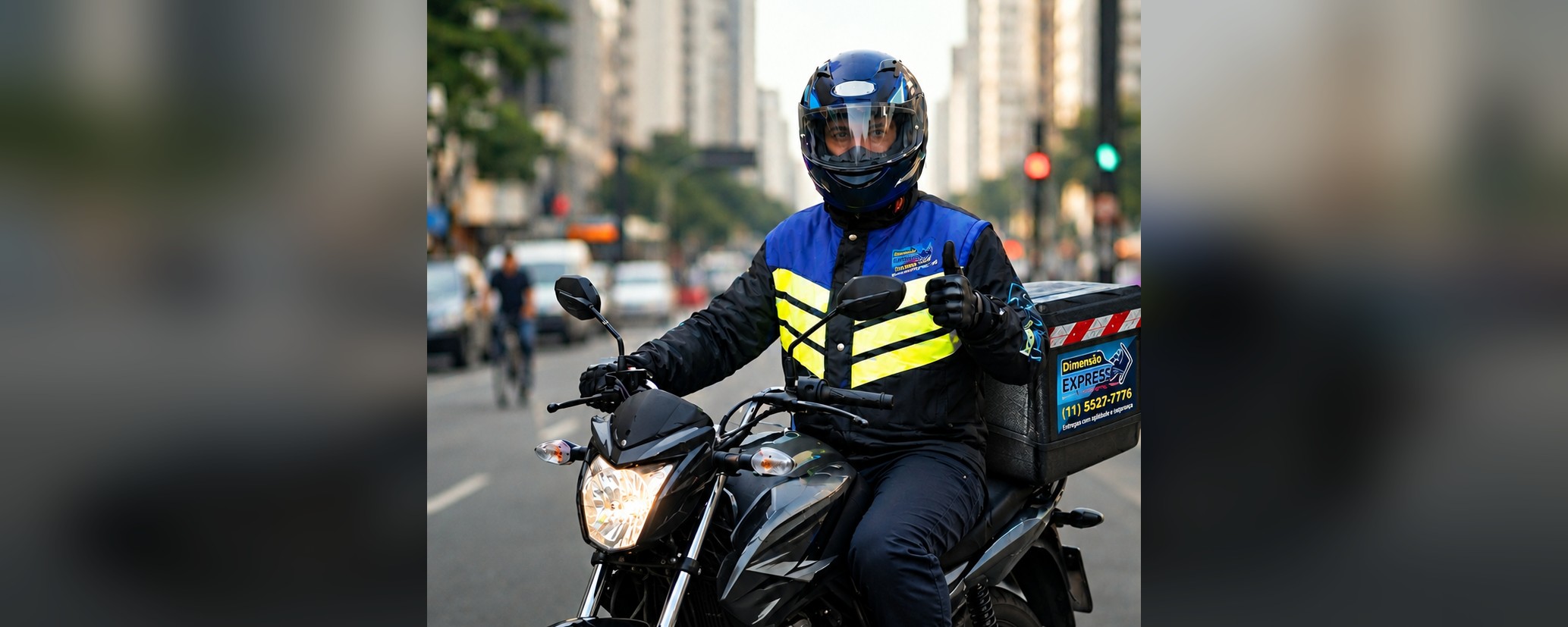 Motociclista da Dimensão Express em serviço de motofrete em São Paulo