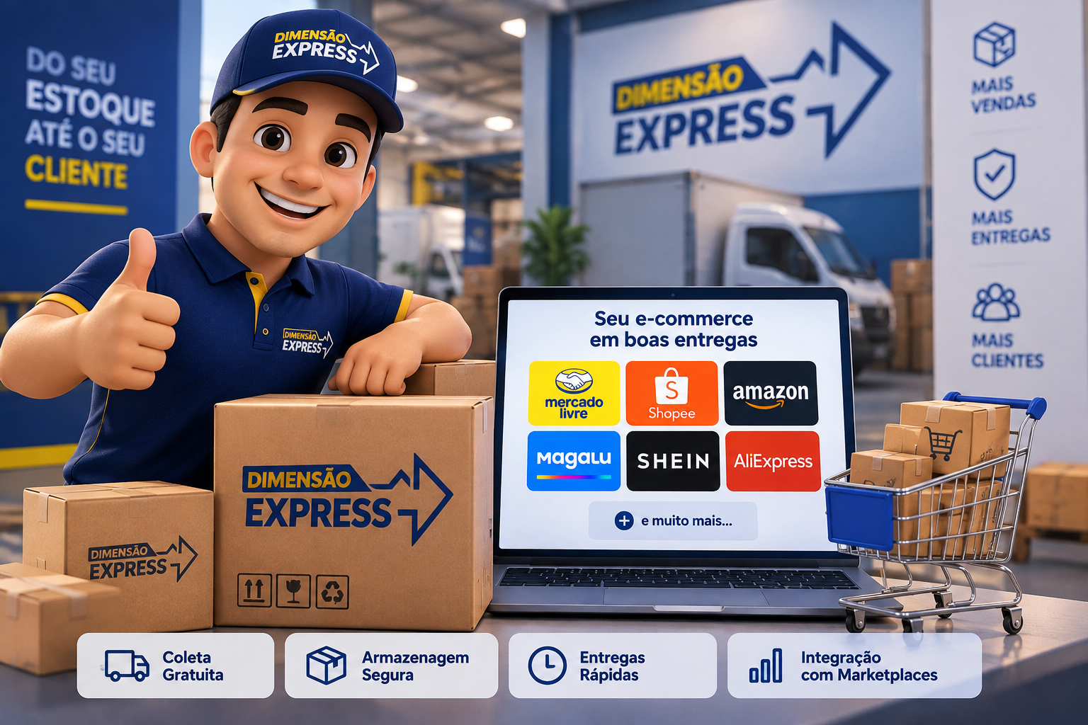 Operação de e-commerce da Dimensão Express com entregas para marketplaces como Mercado Livre, Shopee e Amazon